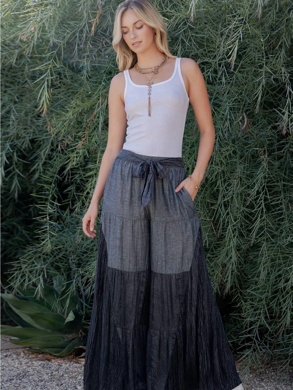 K169 Young Threads Sz S Boho Palazzo Pants Charcoal/Black Pockets Lined NWT